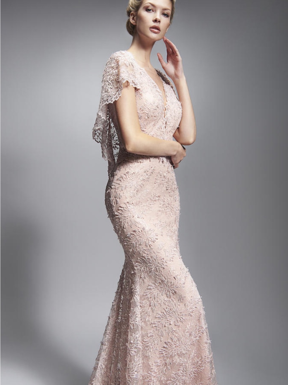Nicole Bakti Blush Pink Lace V-Neck Mermaid Gown